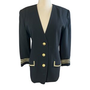 Valerie Stevens Vintage Black Sailor Style Wool Blazer w/Gold Accents Size 8
